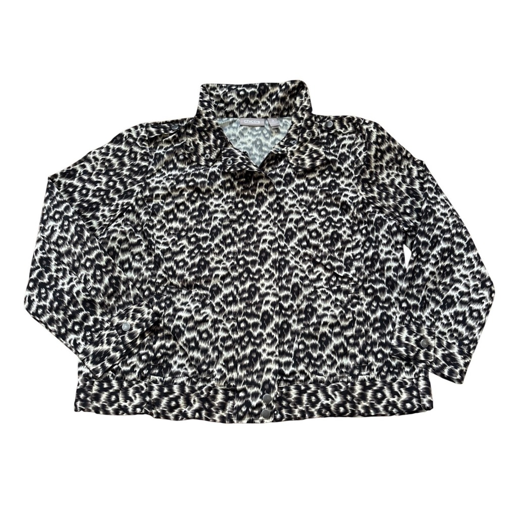 Chico's Jacket Women‎ Black White Leopard Animal Print Utility Zip SIZE 3